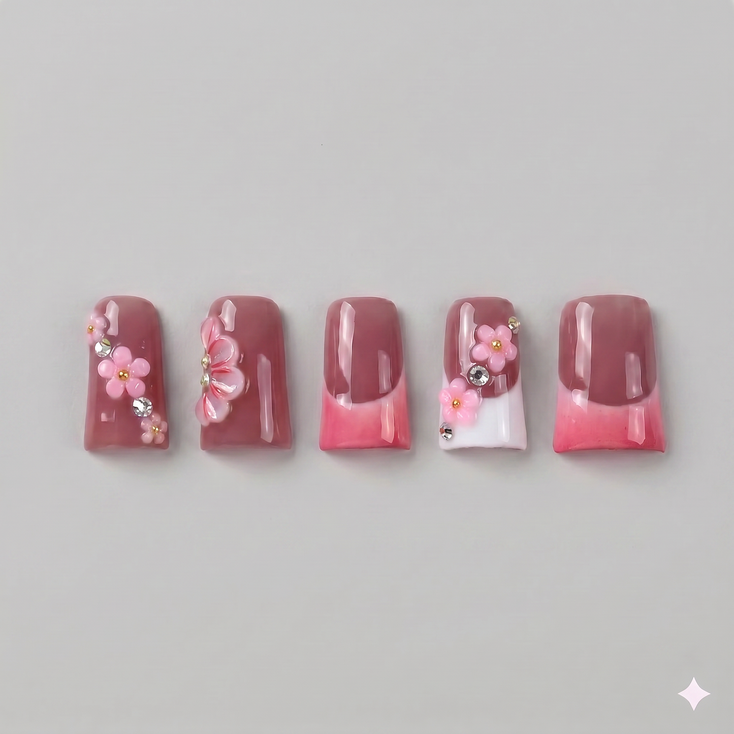 Berry red French tip square press on nails featuring hand-painted white cherry blossoms and a 3D white blooming flower.