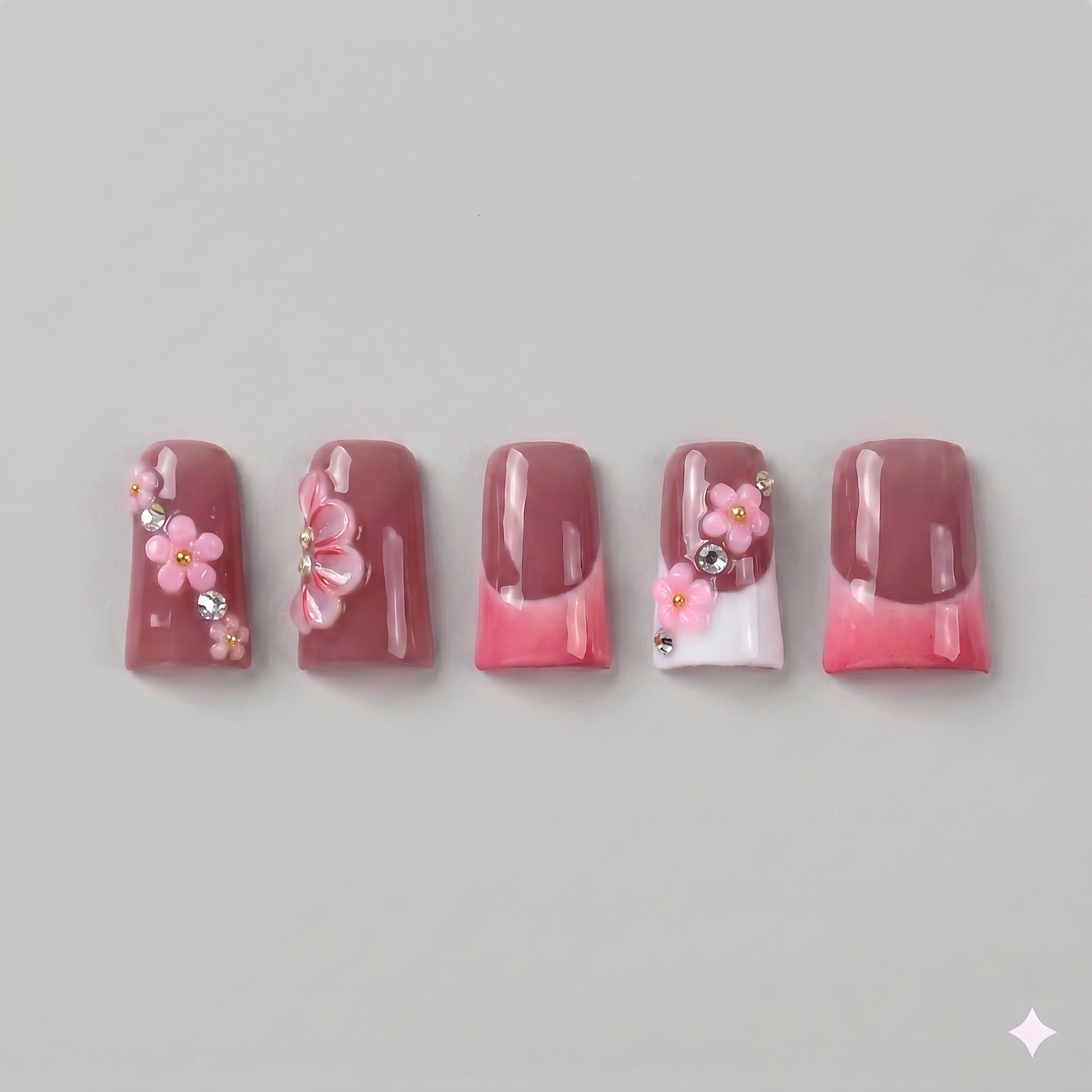 Berry red French tip square press on nails featuring hand-painted white cherry blossoms and a 3D white blooming flower.