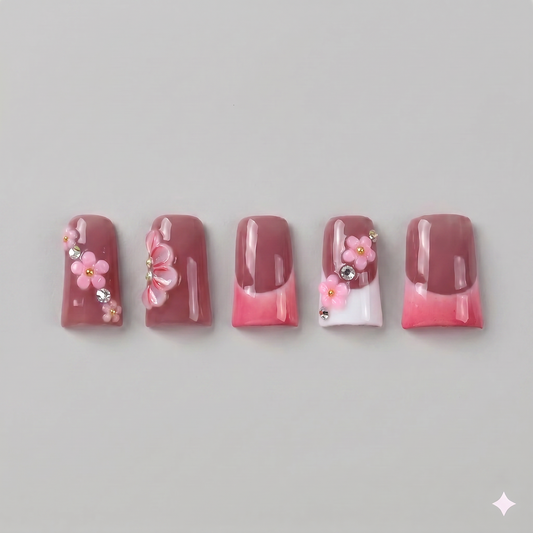 Berry red French tip square press on nails featuring hand-painted white cherry blossoms and a 3D white blooming flower.