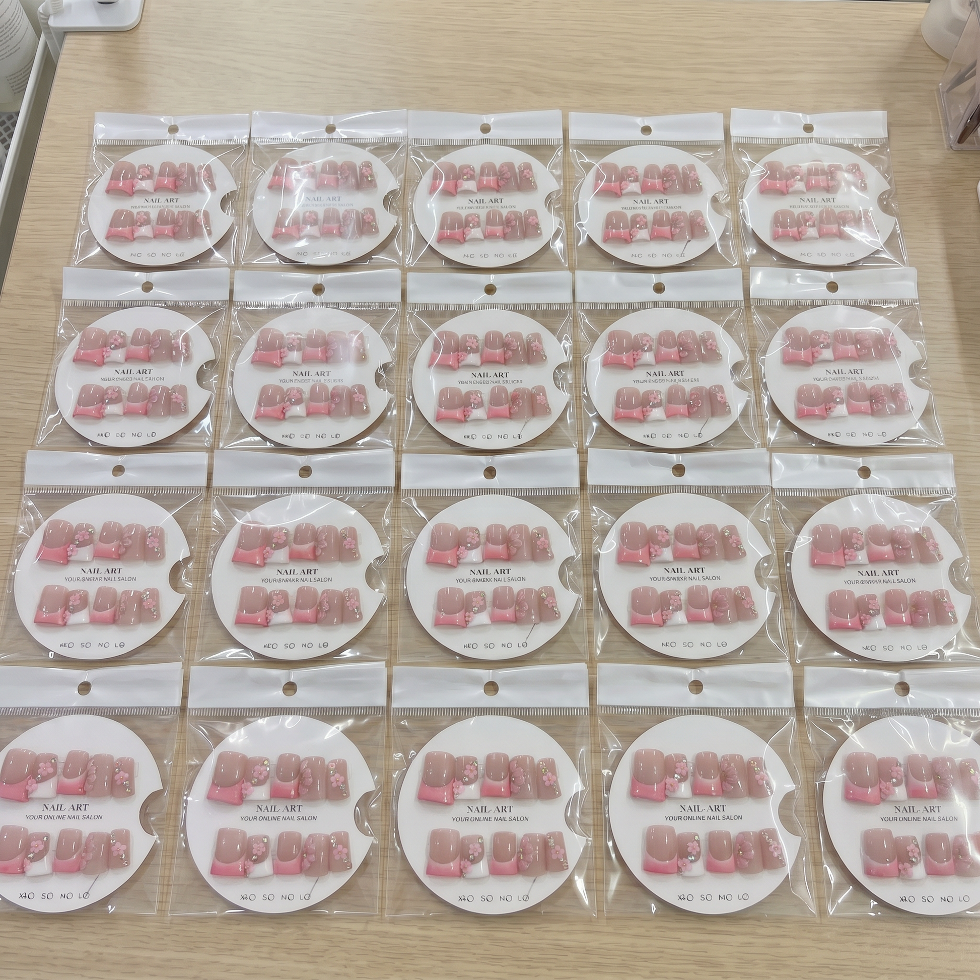 Full set of berry red French tip 3D floral square press on nails displayed on size cards.