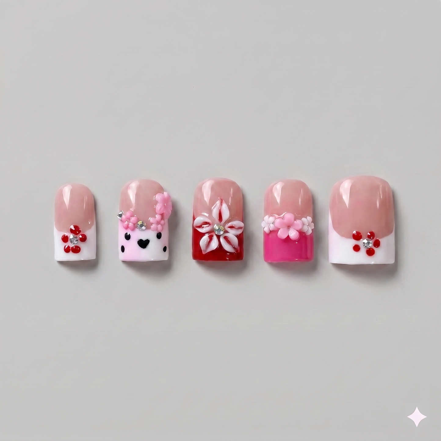 Cherry red French tip square press on nails featuring a 3D white ribbon bow, delicate white floral patterns, and a tiny heart accent.