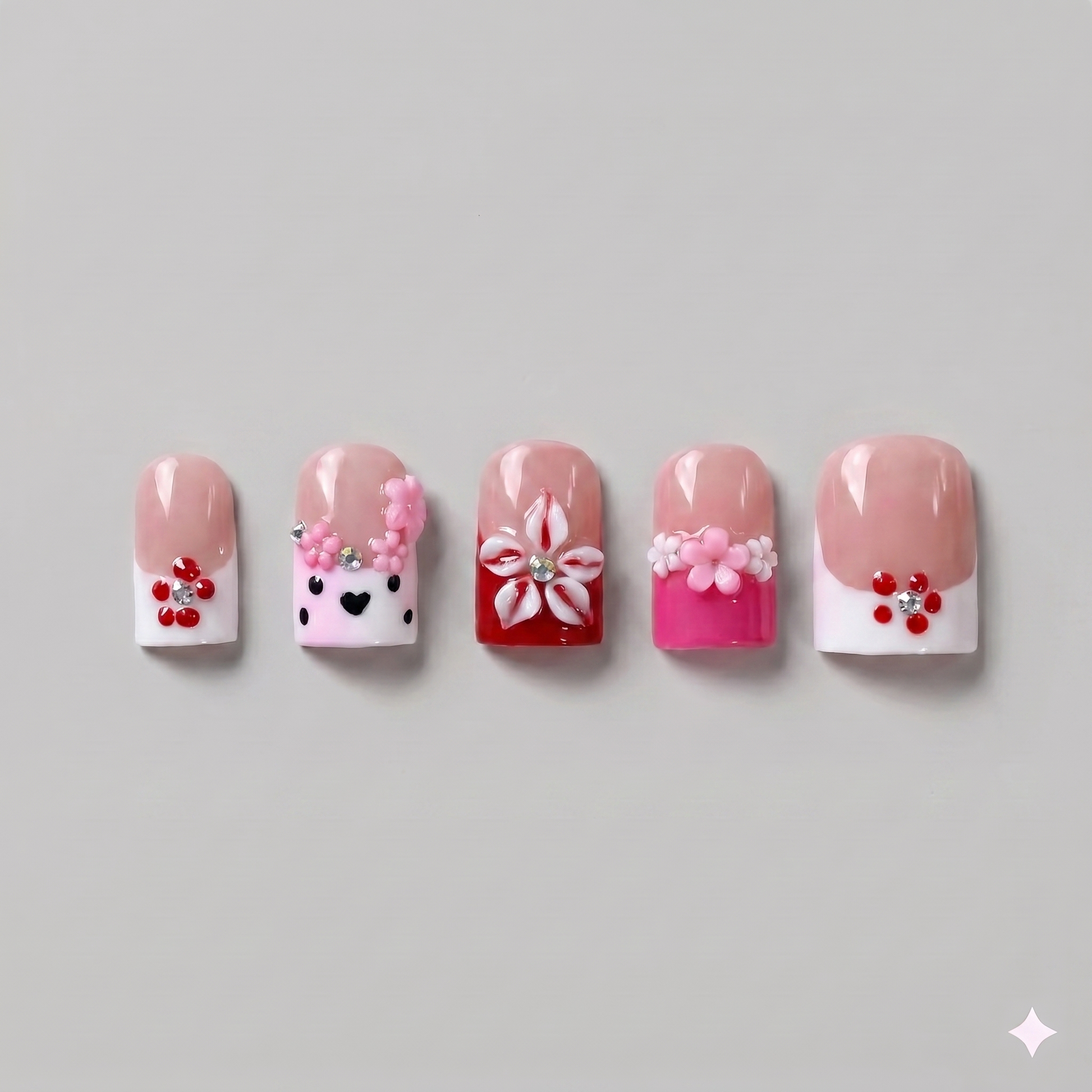 Cherry red French tip square press on nails featuring a 3D white ribbon bow, delicate white floral patterns, and a tiny heart accent.