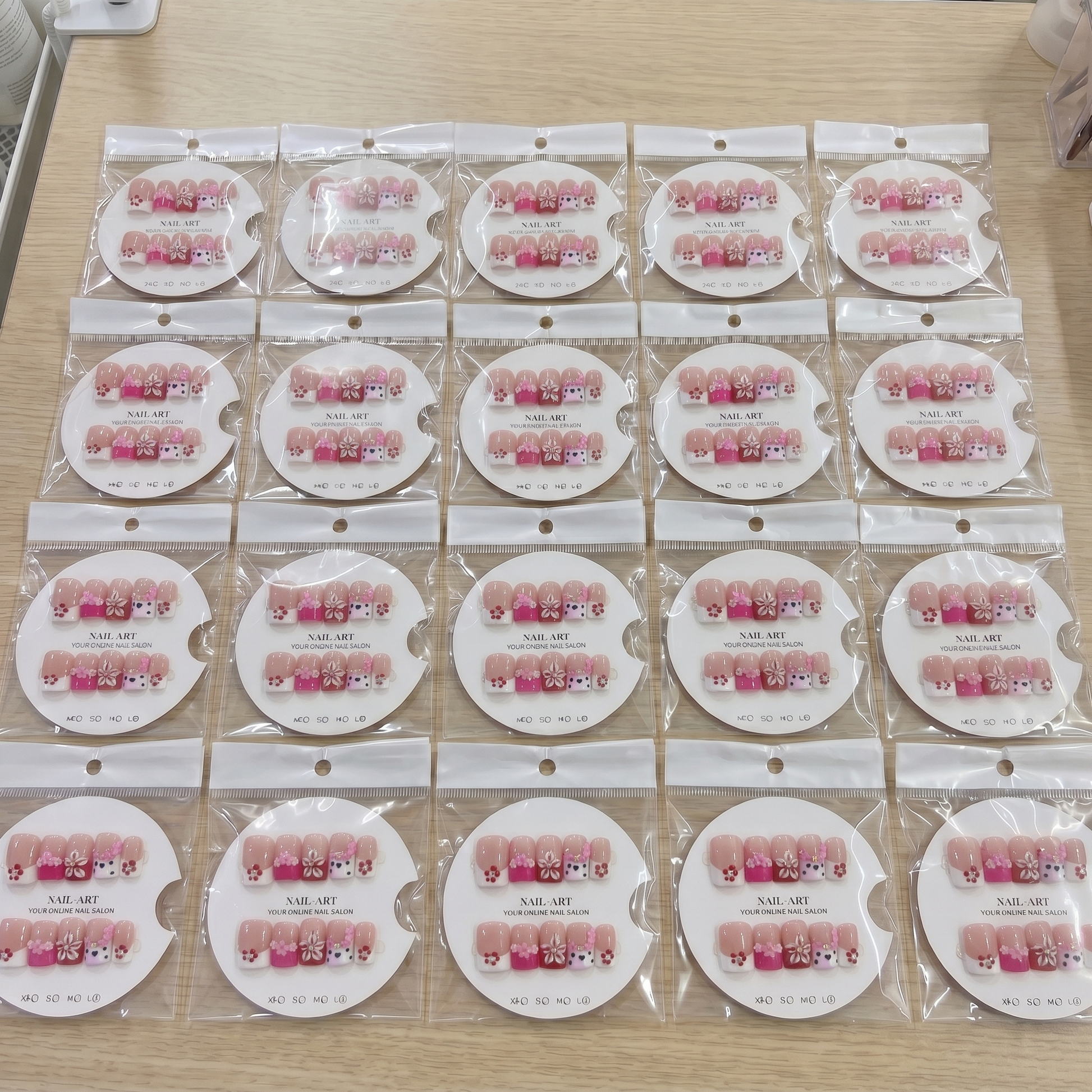 Full set of cherry red 3D bow square press on nails displayed on size cards.