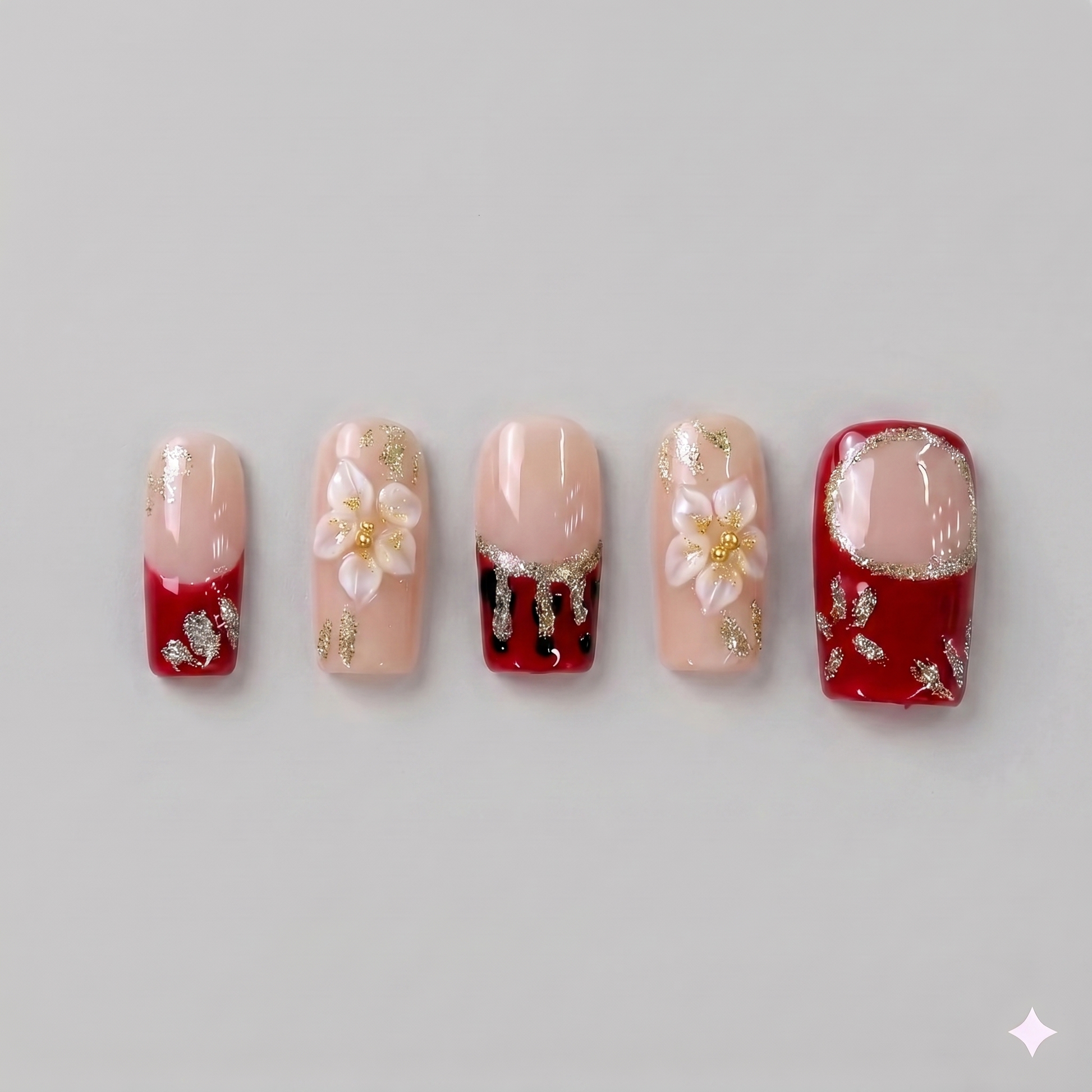 Deep red French tip square press on nails featuring delicate white daisy patterns and a stunning 3D white blooming flower.