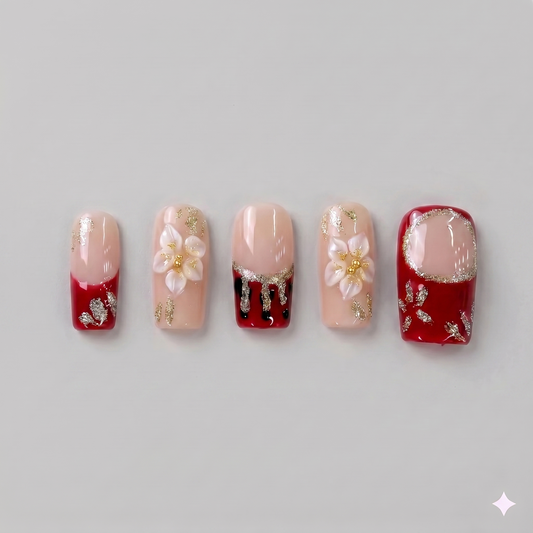 Deep red French tip square press on nails featuring delicate white daisy patterns and a stunning 3D white blooming flower.