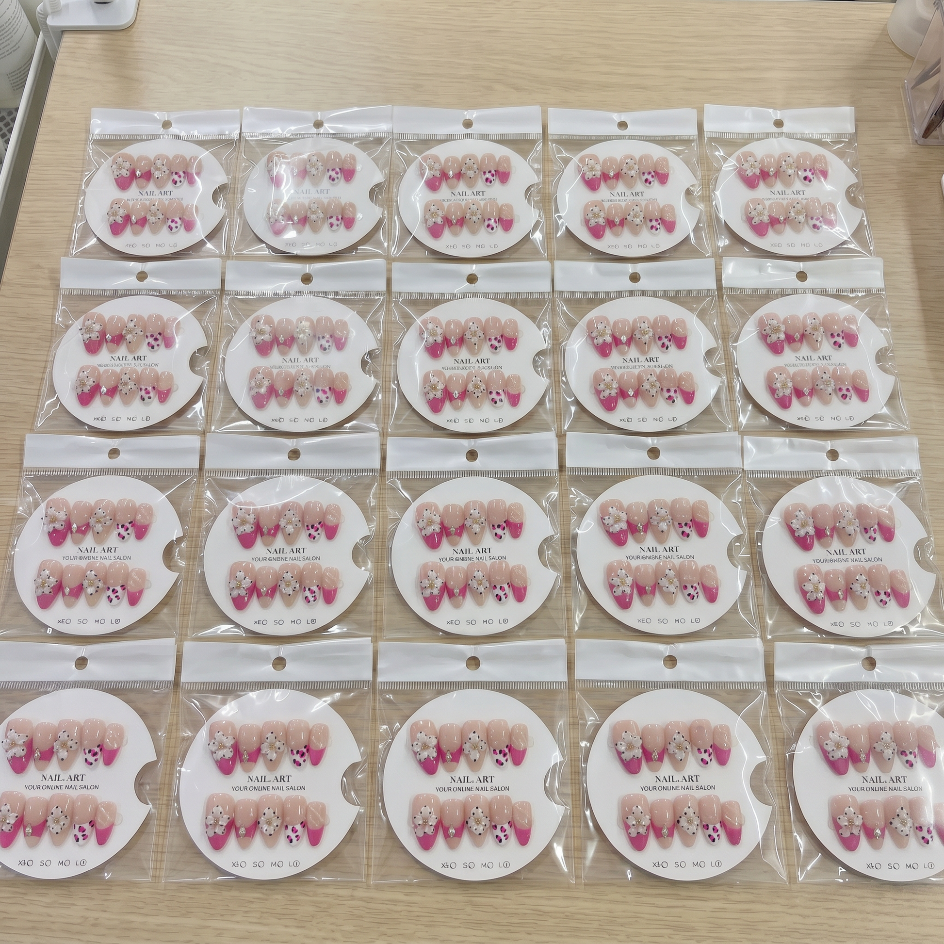 Full set of hot pink floral French tip almond press on nails displayed on size cards.