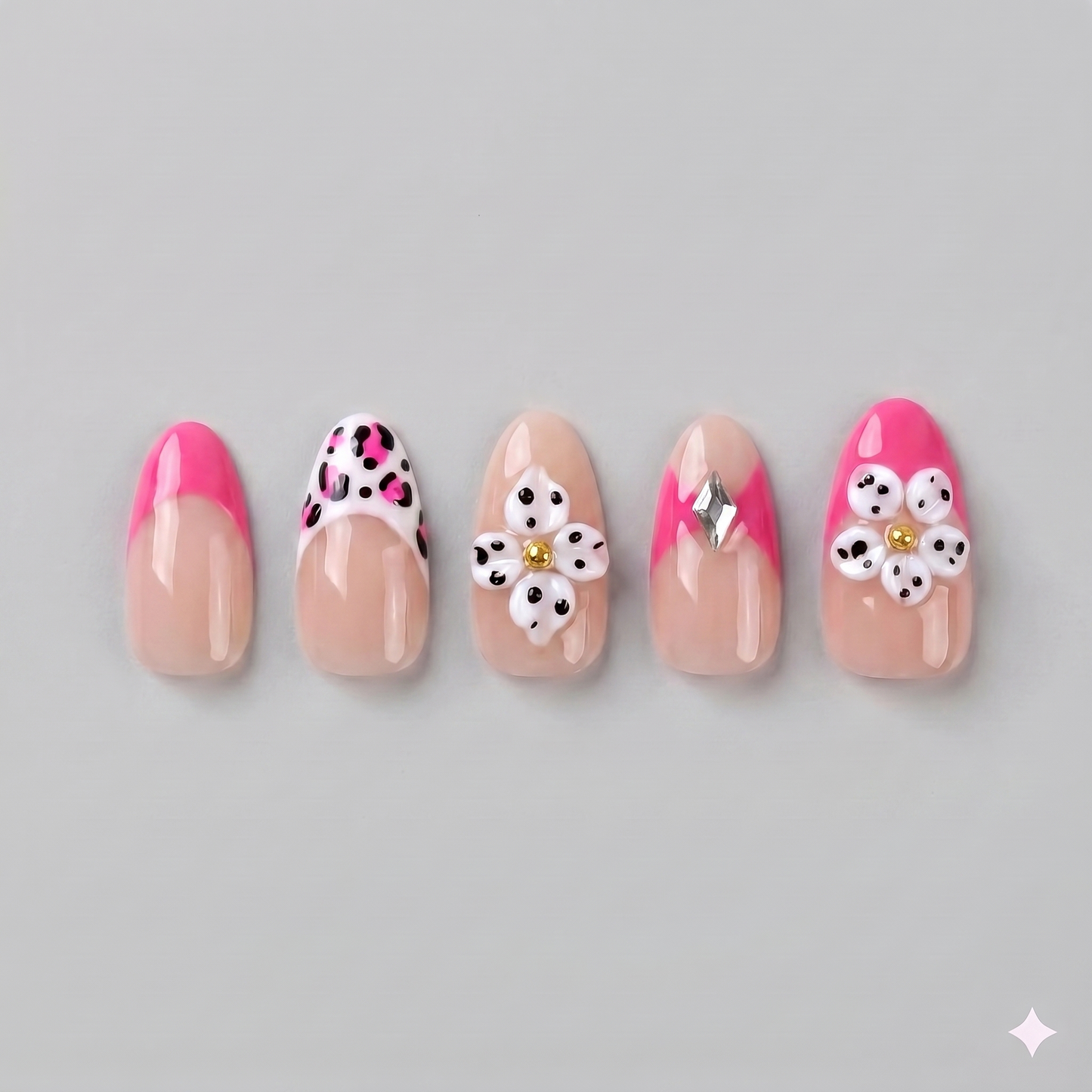 Hot pink leopard print almond press on nails featuring vibrant French tips and beautiful 3D white blooming flowers.