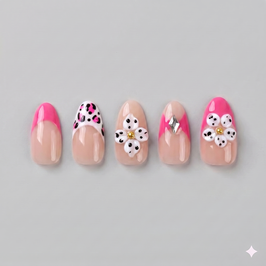 Hot pink leopard print almond press on nails featuring vibrant French tips and beautiful 3D white blooming flowers.