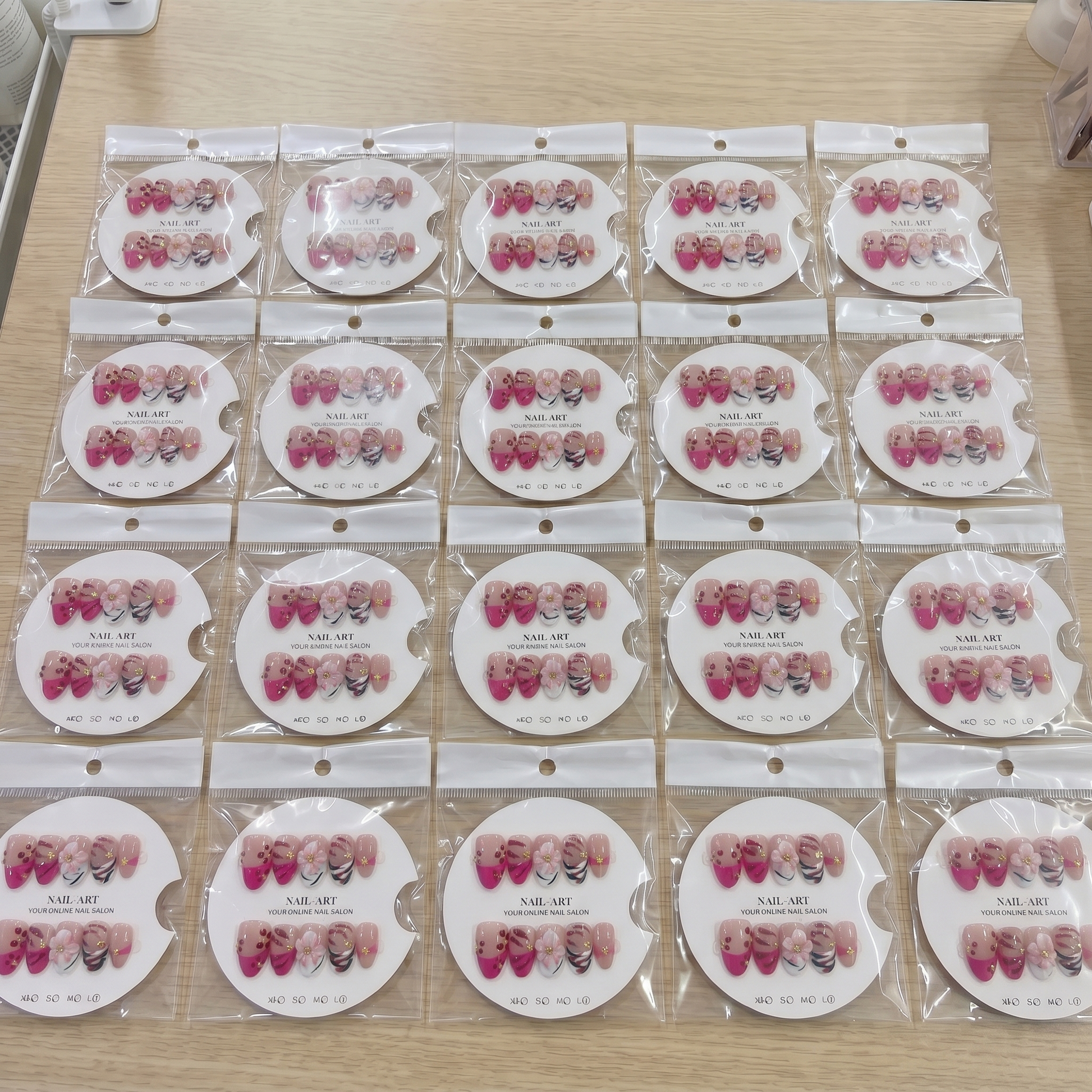 Full set of hot pink zebra 3D floral almond press on nails displayed on size cards.