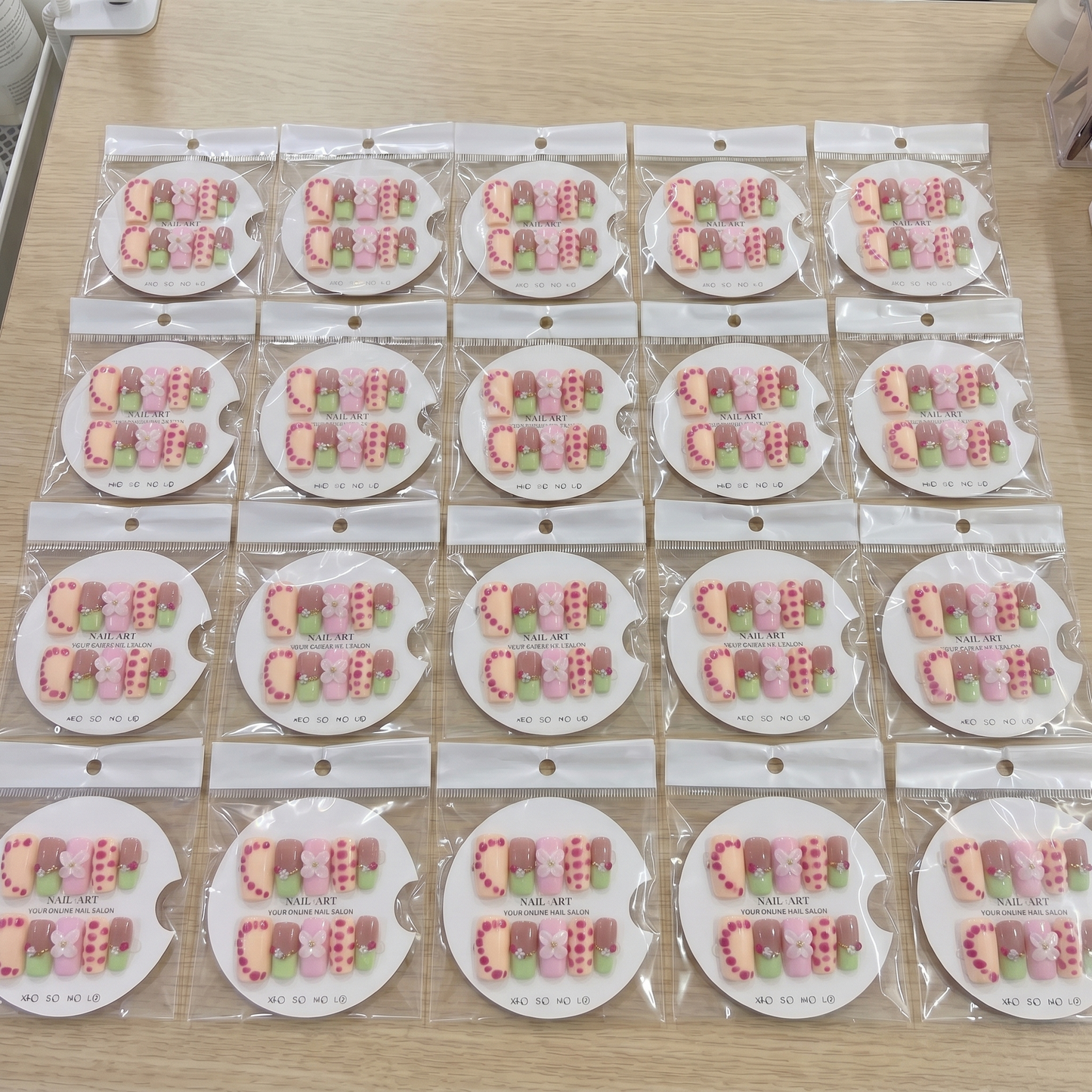Full set of matcha green 3D floral square press on nails displayed on size cards.