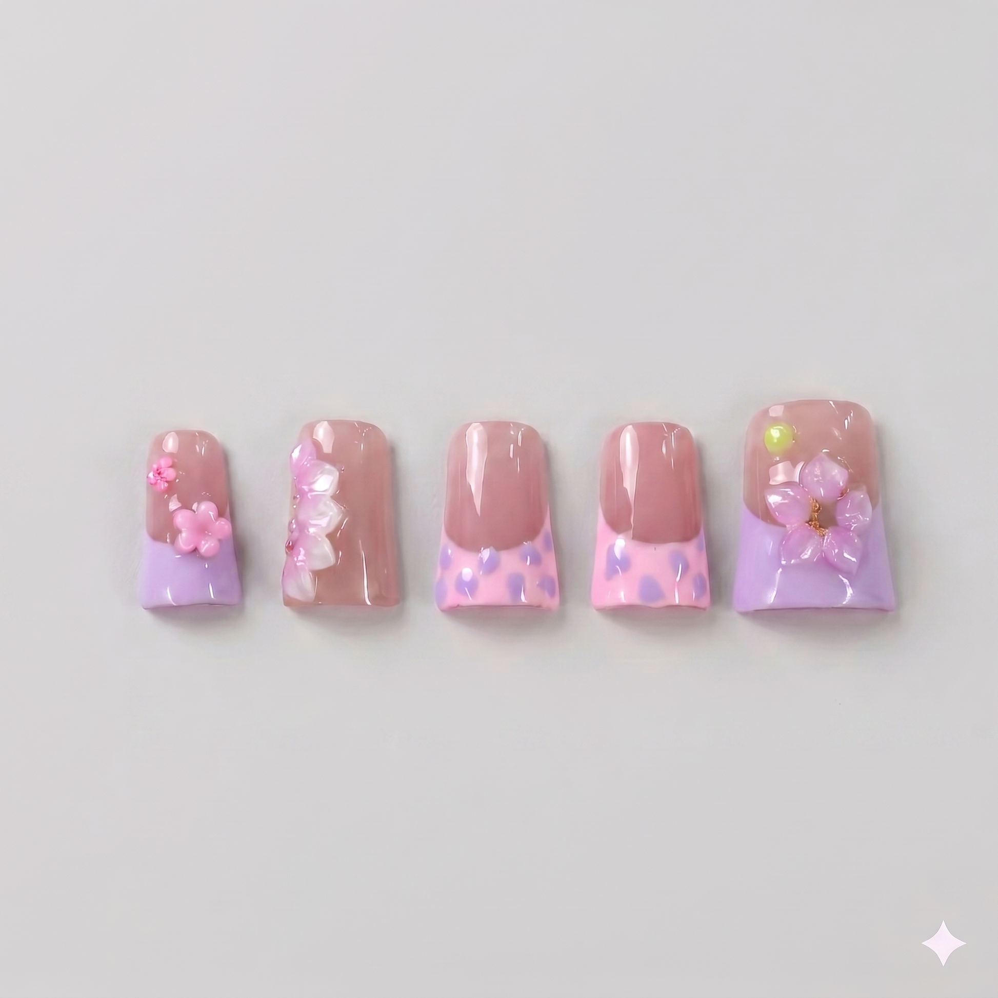 Pink and purple aura gradient square press on nails featuring soft pink French tips, a 3D pink ribbon bow, delicate blooming flowers, and twinkling starbursts.