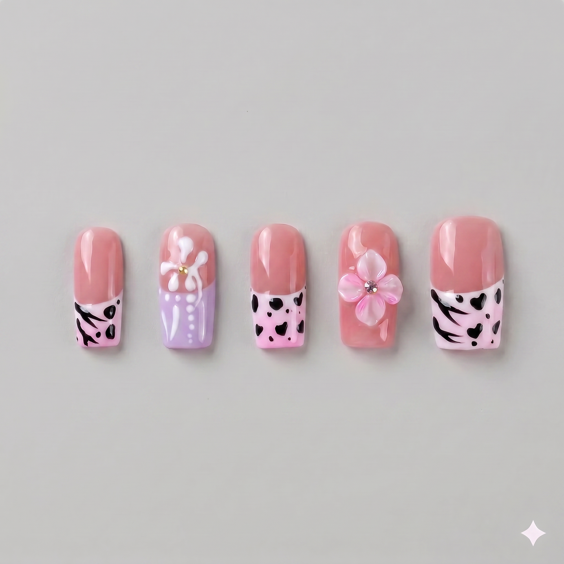 Pink leopard print square press on nails featuring a 3D pink blooming flower, black animal print spots, and French tips.