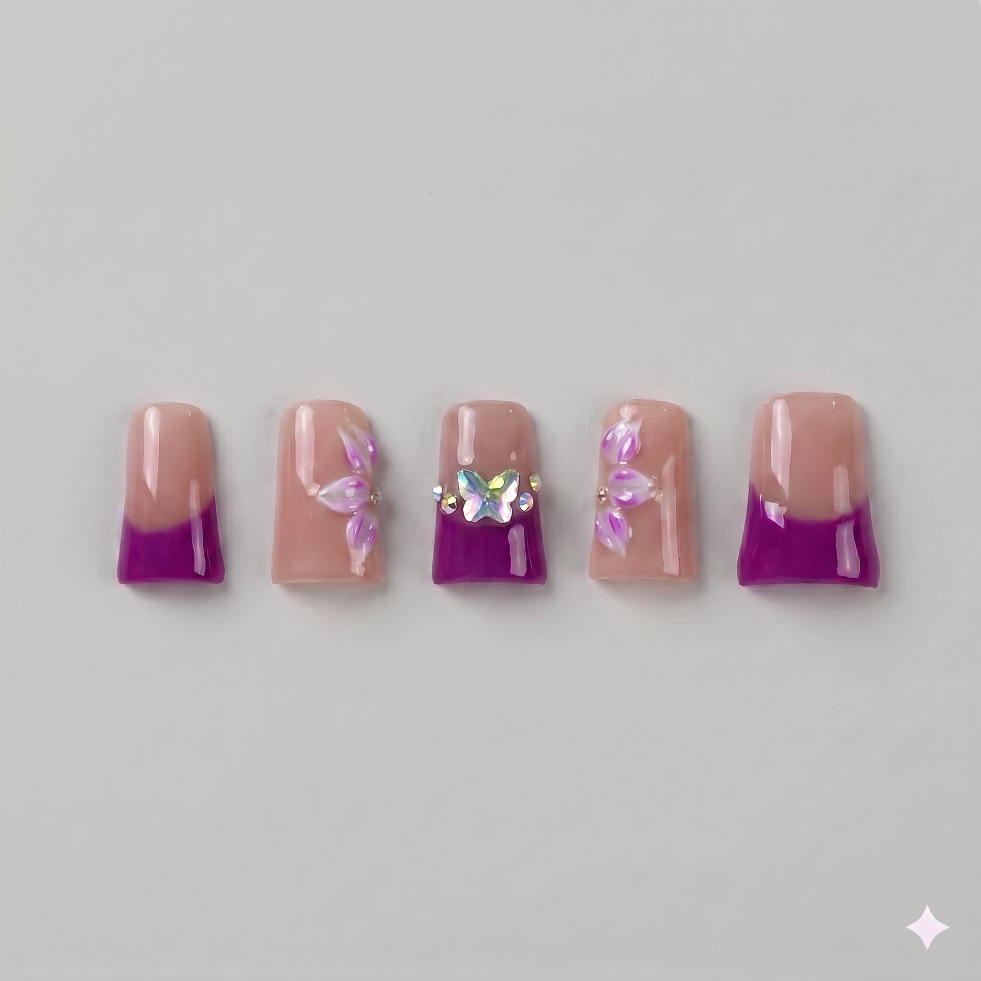 Plum purple French tip square press on nails featuring a dazzling rhinestone accent nail and delicate white starbursts.