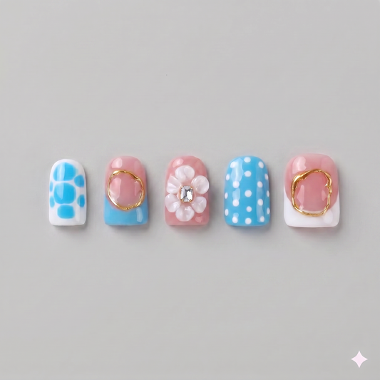 Sky blue polka dot square press on nails featuring a 3D white blooming flower, elegant 3D gold ribbon accents, and vibrant French tips.