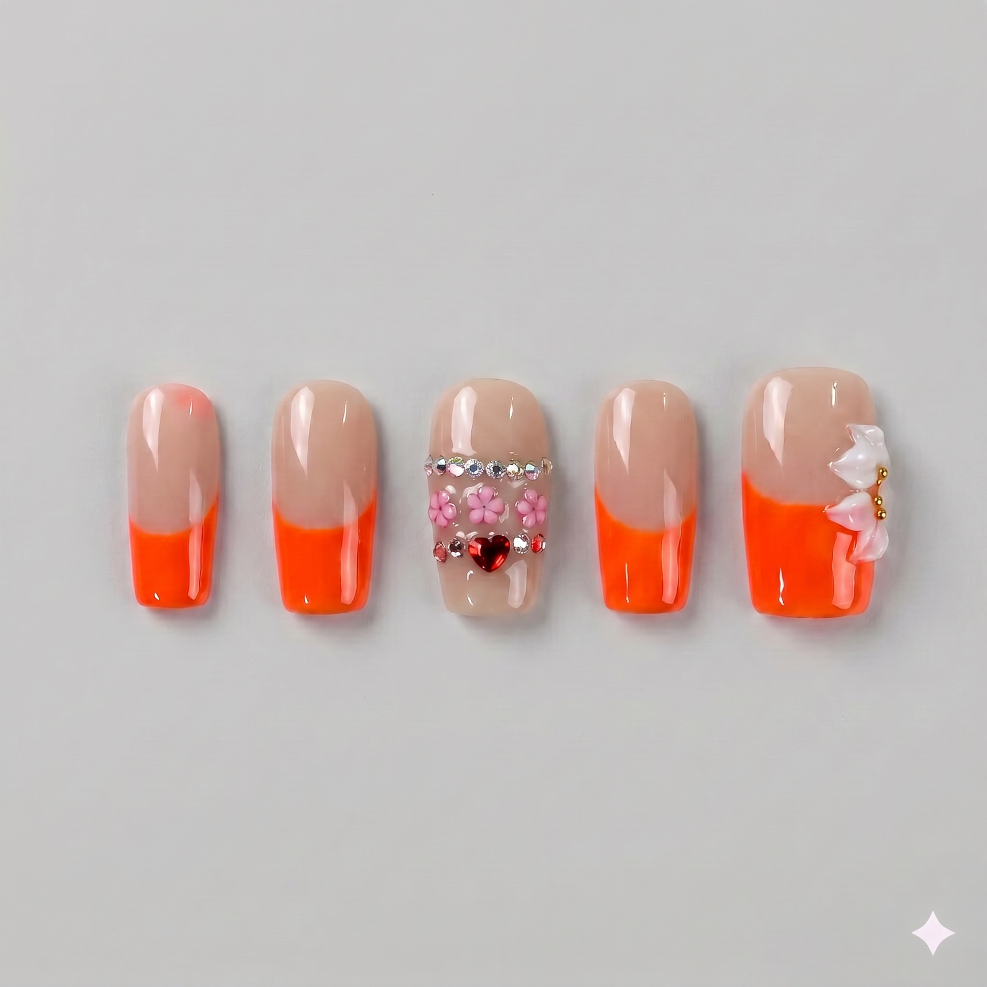 Vibrant orange French tip square press on nails featuring a 3D white bow, an orange blooming flower, and hand-painted white starbursts.