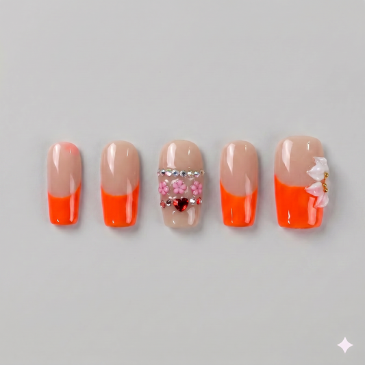 Vibrant orange French tip square press on nails featuring a 3D white bow, an orange blooming flower, and hand-painted white starbursts.