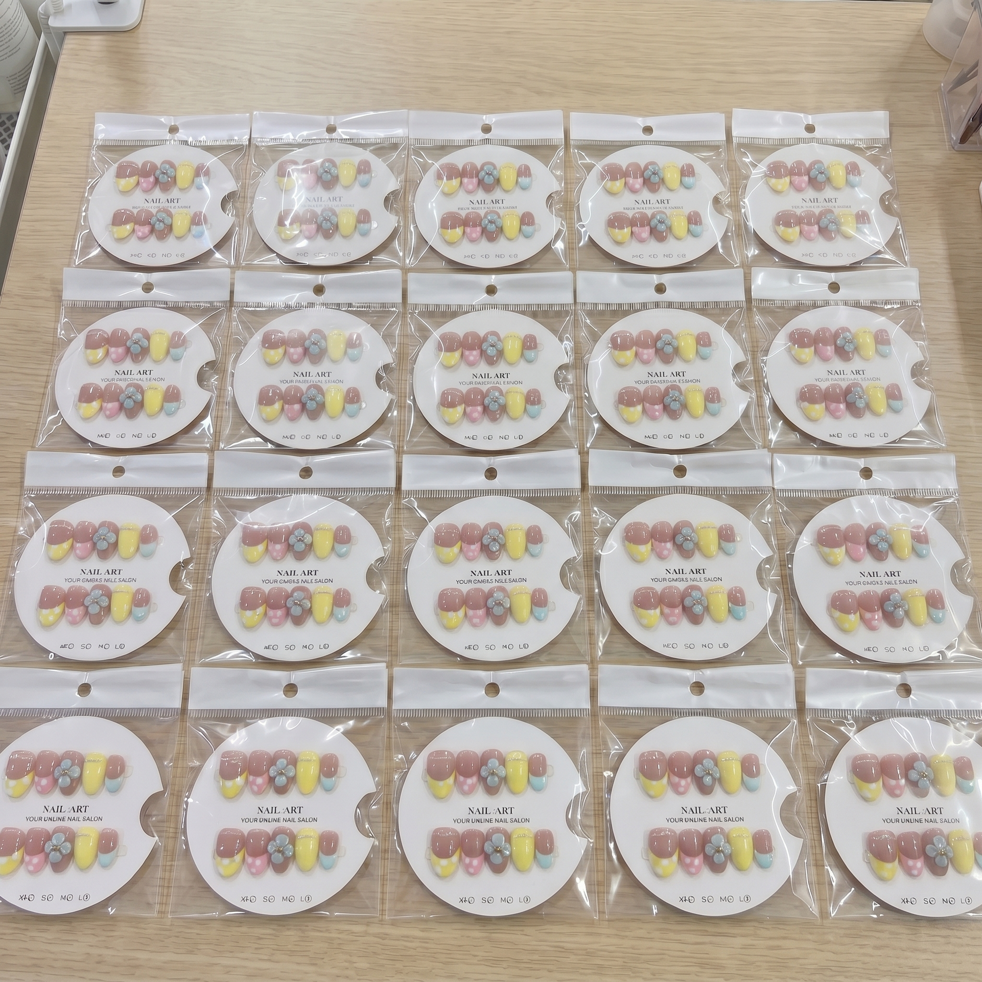 Full set of retro yellow 3D floral almond press on nails displayed on size cards.